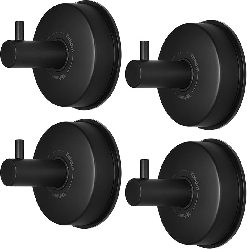 OHOM Suction Cup Hooks Shower Towel Holder Stainless Steel Vacuum Bathroom Shower Hook Suction Towel Rack Kitchen Organizer for Bathrobe Loofah Matte Black 4Pcs - Image 1